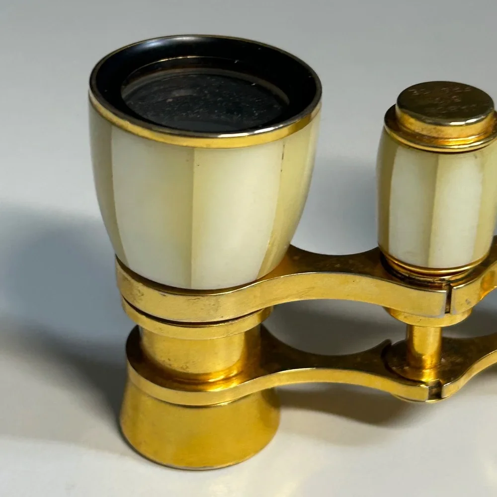 Vintage Jason 3x France Opera Glasses Mother of Pearl Style Gold Tone Binoculars